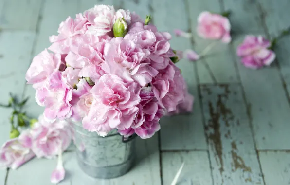 Picture flowers, petals, bucket, pink, vintage, wood, pink, flowers