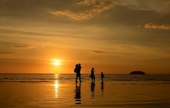 Sea, landscape, sunset, family, silhouettes