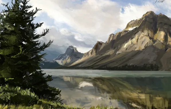 Water, trees, mountains, nature, lake, river, spruce, art