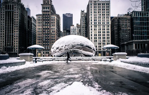 Winter, snow, Park, building, America, Chicago, Chicago, USA