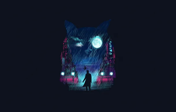 Minimalism, Night, Owl, The moon, People, Rain, Style, Silhouette