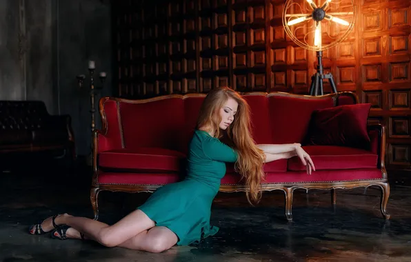 Girl, pose, room, sofa, dress, red, beauty, Moshenko Sergey