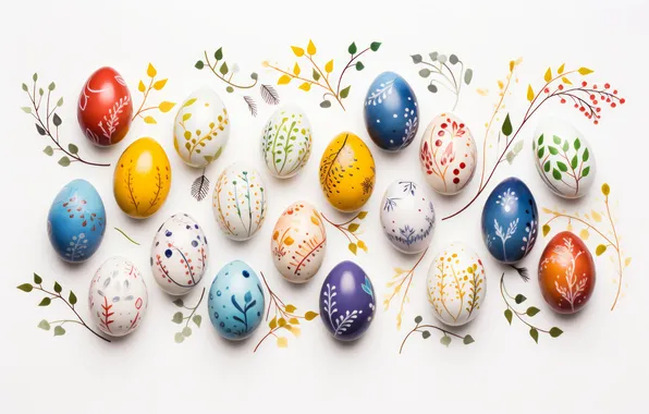 Holiday, eggs, Easter, white background, painting, painted, AI art, neural network