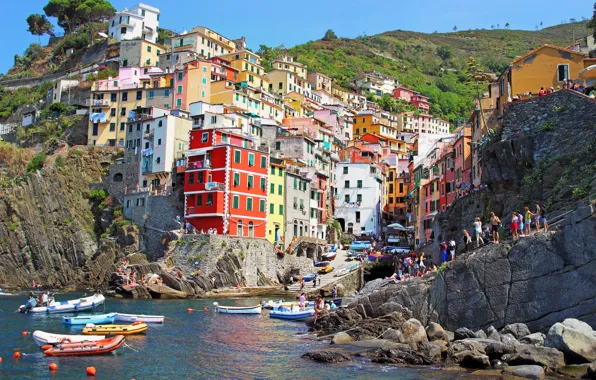Sea, rocks, coast, Villa, boats, Italy, houses, Riomaggiore
