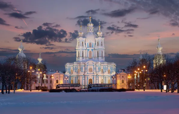 Winter, snow, Saint Petersburg, Church, temple, Russia, Smolny Cathedral, Resurrection Novodevichy Smolny Monastery