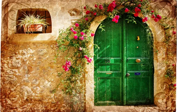 Flowers, the city, pattern, the door, old, house, stone, Vintage loveliness