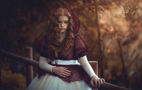 Autumn, girl, pose, mood, dress, red, redhead, curls