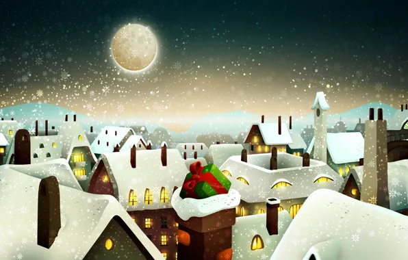 Snow, the city, gift, Windows, home, Winter, The moon