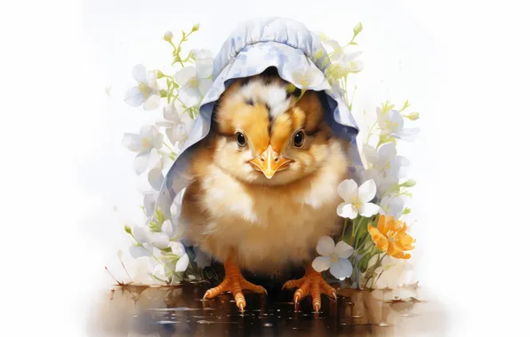 Water, flowers, yellow, bird, baby, watercolor, Easter, hood