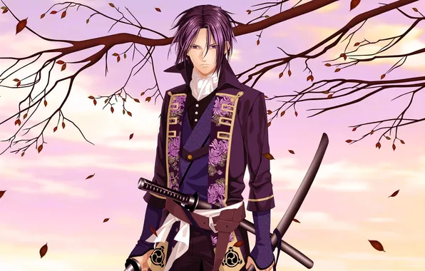 Picture autumn, the sky, leaves, clouds, anime, guy, swords, Hakuouki