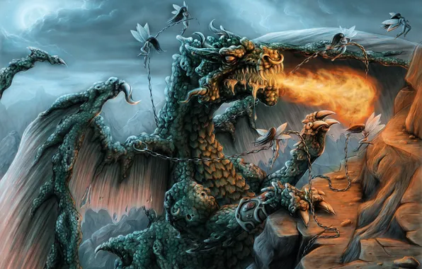 Picture fire, mountain, dragon, Angels, chains