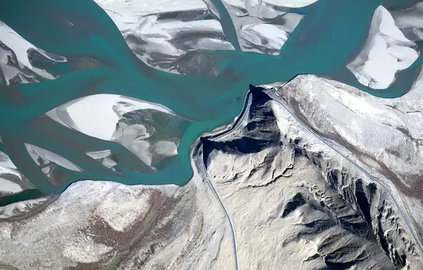 Road, mountains, lake, panorama