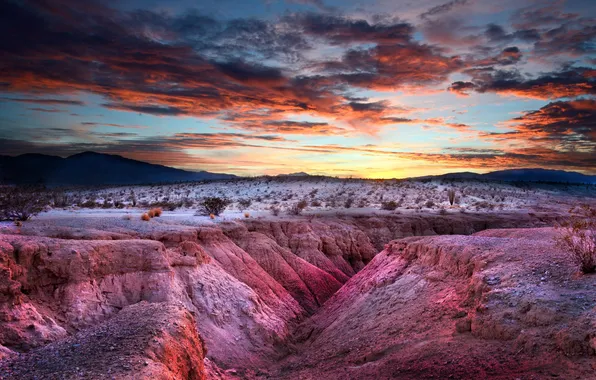 Winter, sunset, mountains, canyon