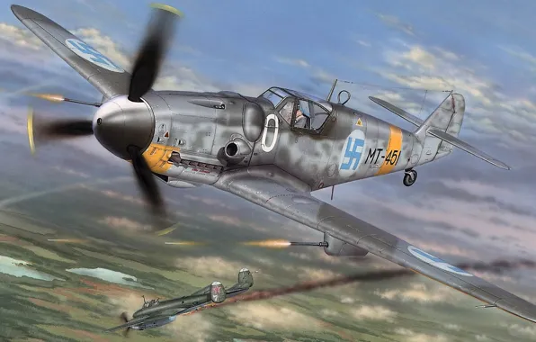 Picture Messerschmitt, Finland, single-engine piston fighter-low, the most popular model BF-109, BF109 G-6
