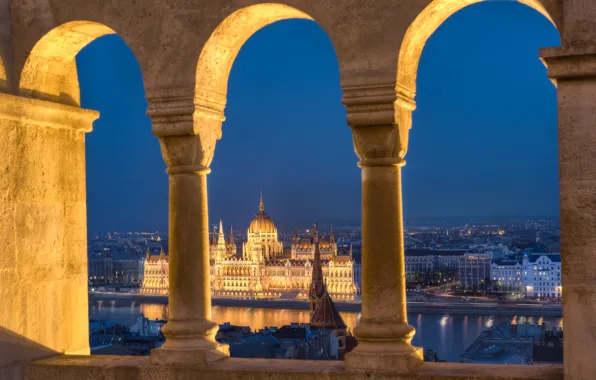Picture night, lights, river, columns, Parliament, Hungary, Budapest, The Danube