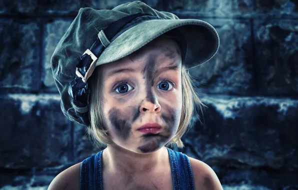 Picture portrait, girl, cap, grimy