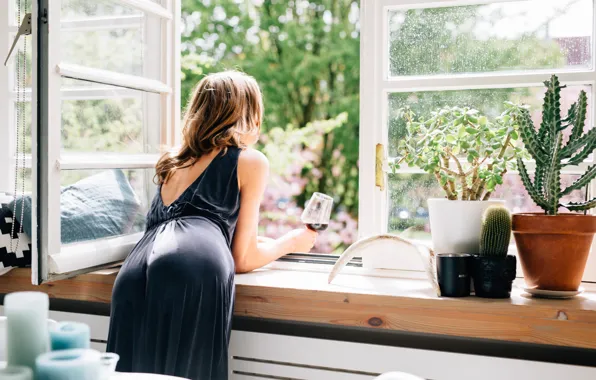 Picture summer, girl, pose, glass, dress, window