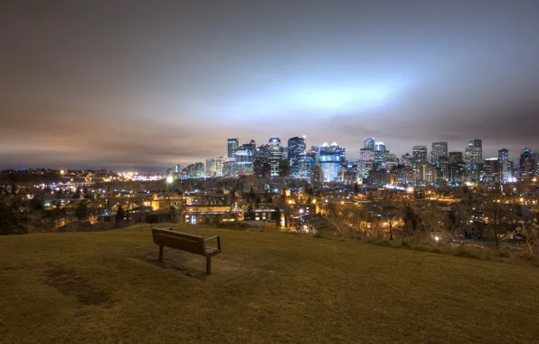 Landscape, night, lights, Canada, panorama, bench, Calgary