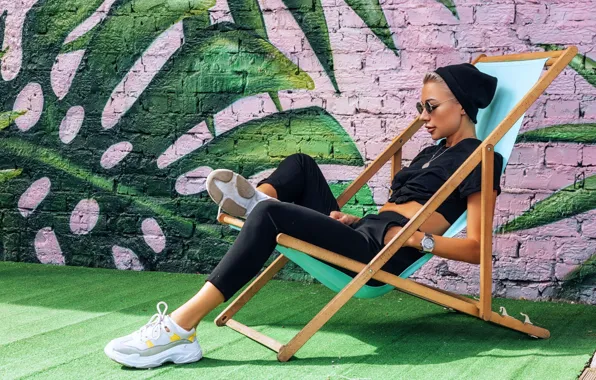 Picture girl, pose, wall, graffiti, glasses, sneakers, cap, Oleg Klimin