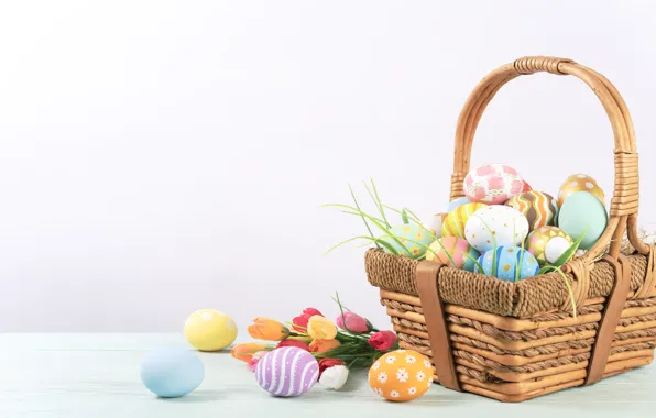 Flowers, basket, eggs, Easter, light background, eggs
