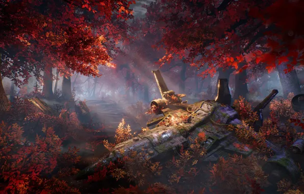 Picture autumn, forest, trees, ship, art, sci-fi
