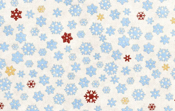Snowflakes, yellow, blue, red, white background, fabric