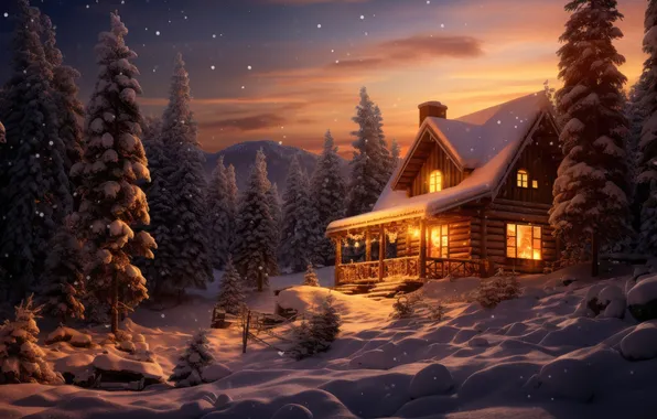 Winter, forest, snow, mountains, night, nature, house, house