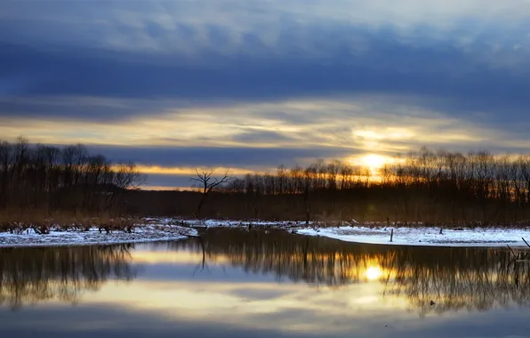 Picture the sky, snow, trees, sunset, reflection, river, shore, Winter