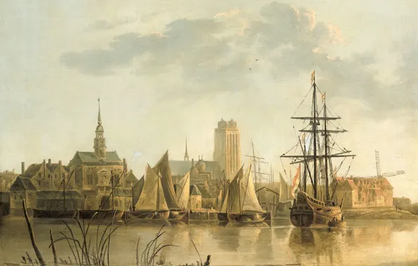 The city, ship, picture, sail, Albert Jacobs Cape, View of Dordrecht at Sunset