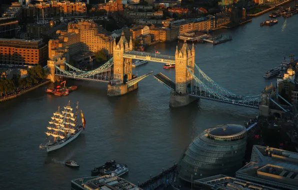 Sunset, bridge, the city, river, England, London, building, ships
