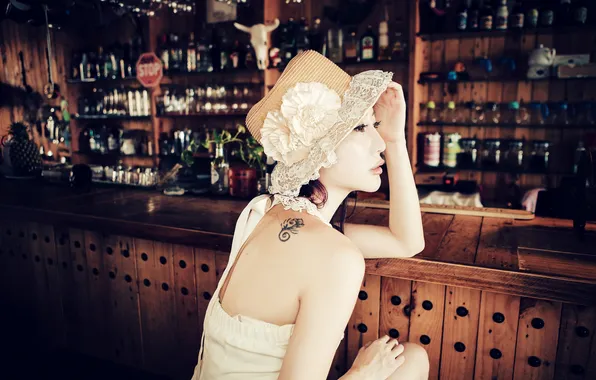 Girl, back, bar, hat, tattoo, shoulder