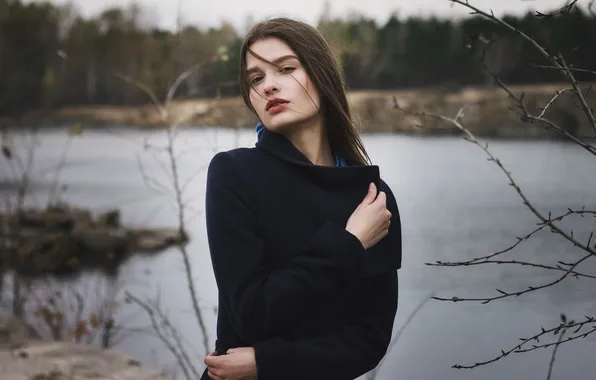 Picture autumn, forest, look, girl, branches, nature, lake, mood