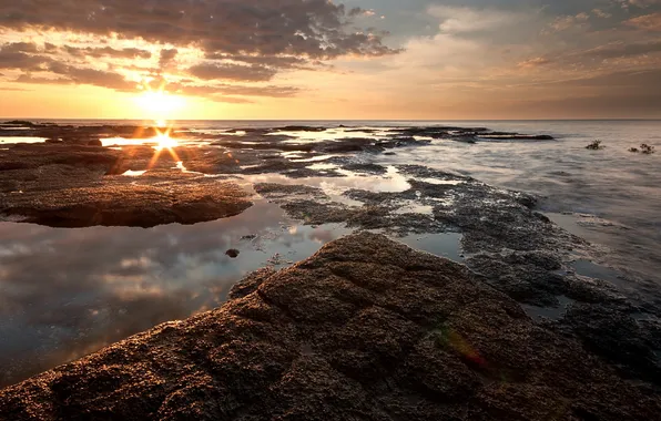 Sea, landscape, sunset, rocks