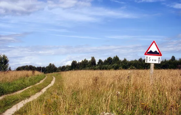 Road, field, landscape, sign