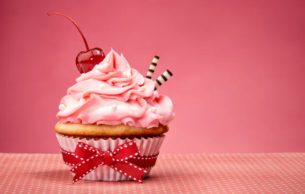 Bow, cake, cream, Happy Birthday, pink, sweet, cupcake, cupcake
