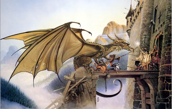 Picture mountains, fantasy, dragon, war, fortress, defense, Chris Achilleos, Dragonspell