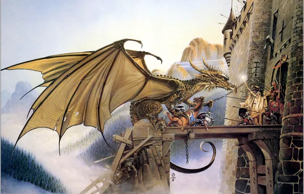 Mountains, fantasy, dragon, war, fortress, defense, Chris Achilleos, Dragonspell