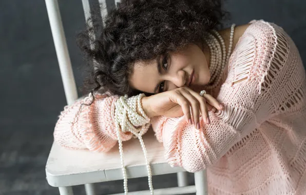 Look, girl, portrait, brunette, chair, beads, grey background, curls