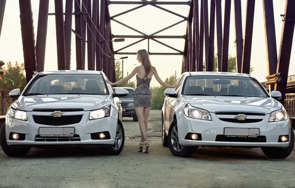 Picture road, girl, bridge, Girls, Chevrolet, dress, white car