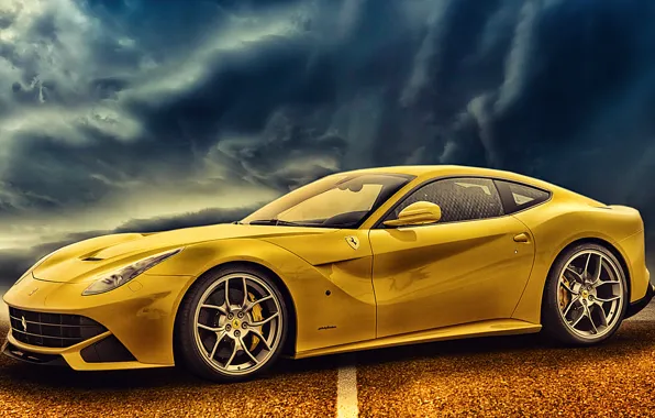 Road, Ferrari, car, yellow, F12berlinetta