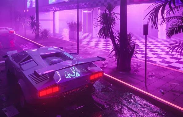 Night, street, cyberpunk, purple background, lambogini