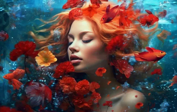 Water, girl, fish, flowers, red, digital art, neural network