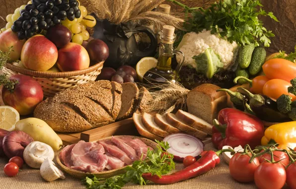 Greens, oil, bread, meat, fruit, vegetables