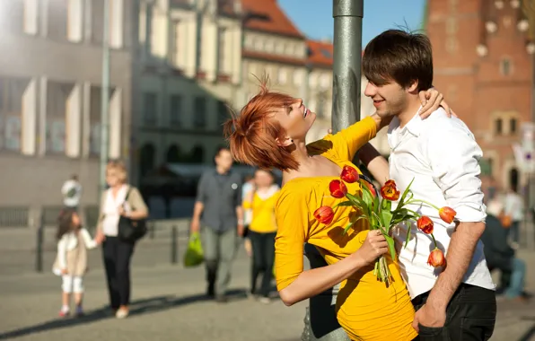 Picture girl, flowers, the city, people, bouquet, positive, post, dress