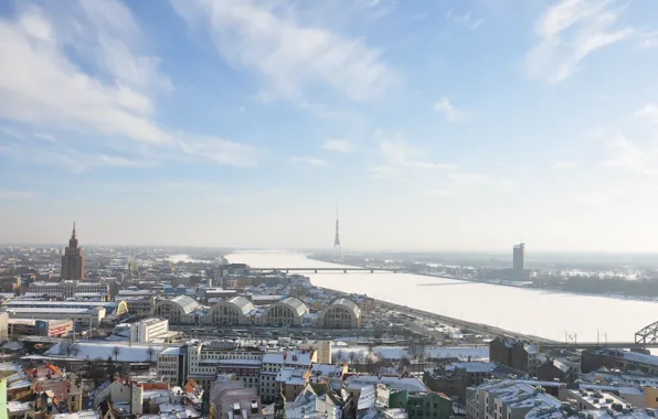 Winter, the sky, the sun, the city, river, architecture, tower, capital