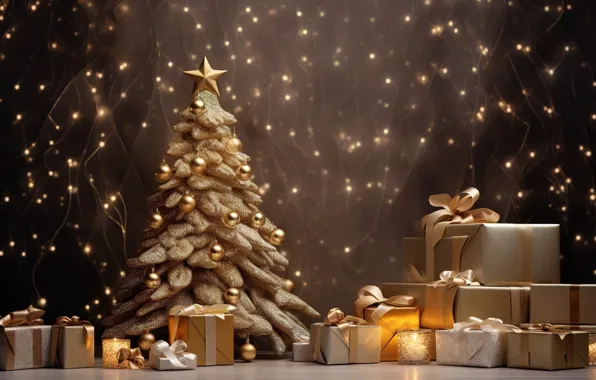 Decoration, balls, tree, New Year, Christmas, gifts, golden, new year