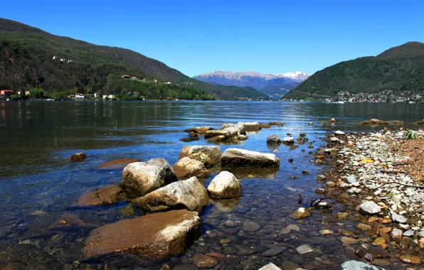 Mountains, lake, stones, shore, Switzerland, Lugano