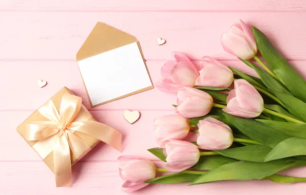 Flowers, gift, bouquet, tulips, pink, wood, pink, flowers
