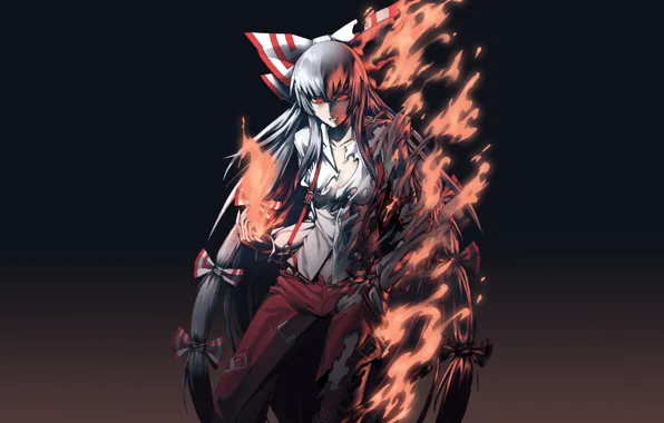 Picture darkness, fire, flame, witch, red eyes, madness, torn clothes, Touhou Project