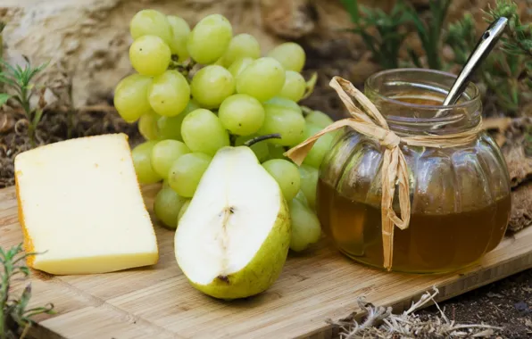 Picture cheese, grapes, pear, still life, honey